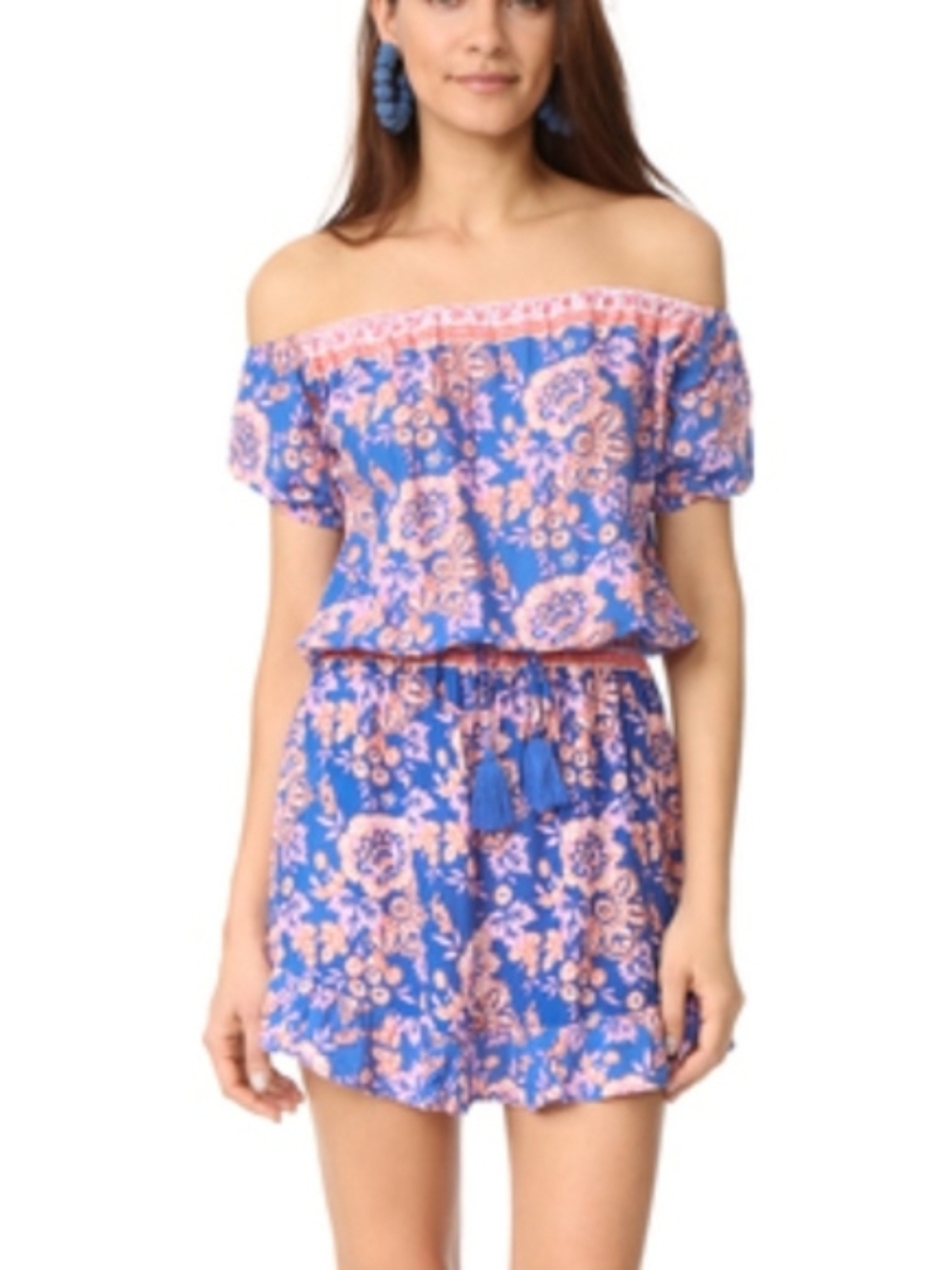 Tiare Hawaii Off-Shoulder Smocked Floral Dress  in Blue and Pink